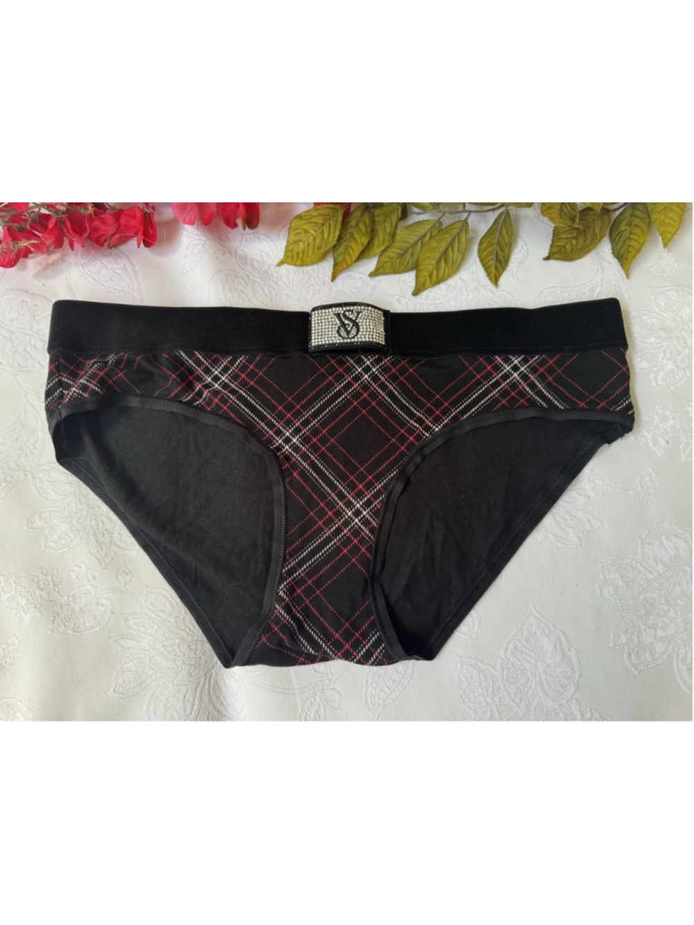 VICTORIA'S SECRET S PLAID RHINESTONE SHINE PATCH HIPSTER HIPHUGGER PANTIES NWT